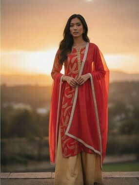 Red Embroidered 3 piece Palazzo Set with silver Gold Accents